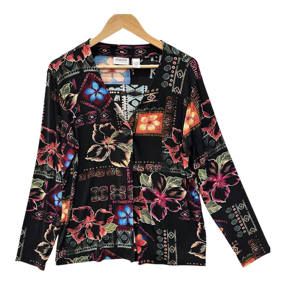 Chicos Travelers Floral Tribal Slinky Knit Cardigan Jacket Black Size 2 Large